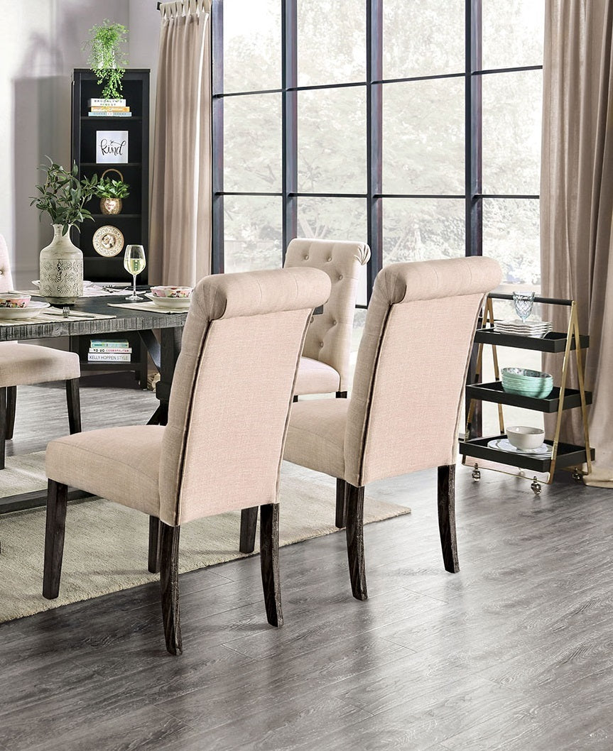 Madeline Button Tufted Linen Side Chairs with Black Legs, Ivory