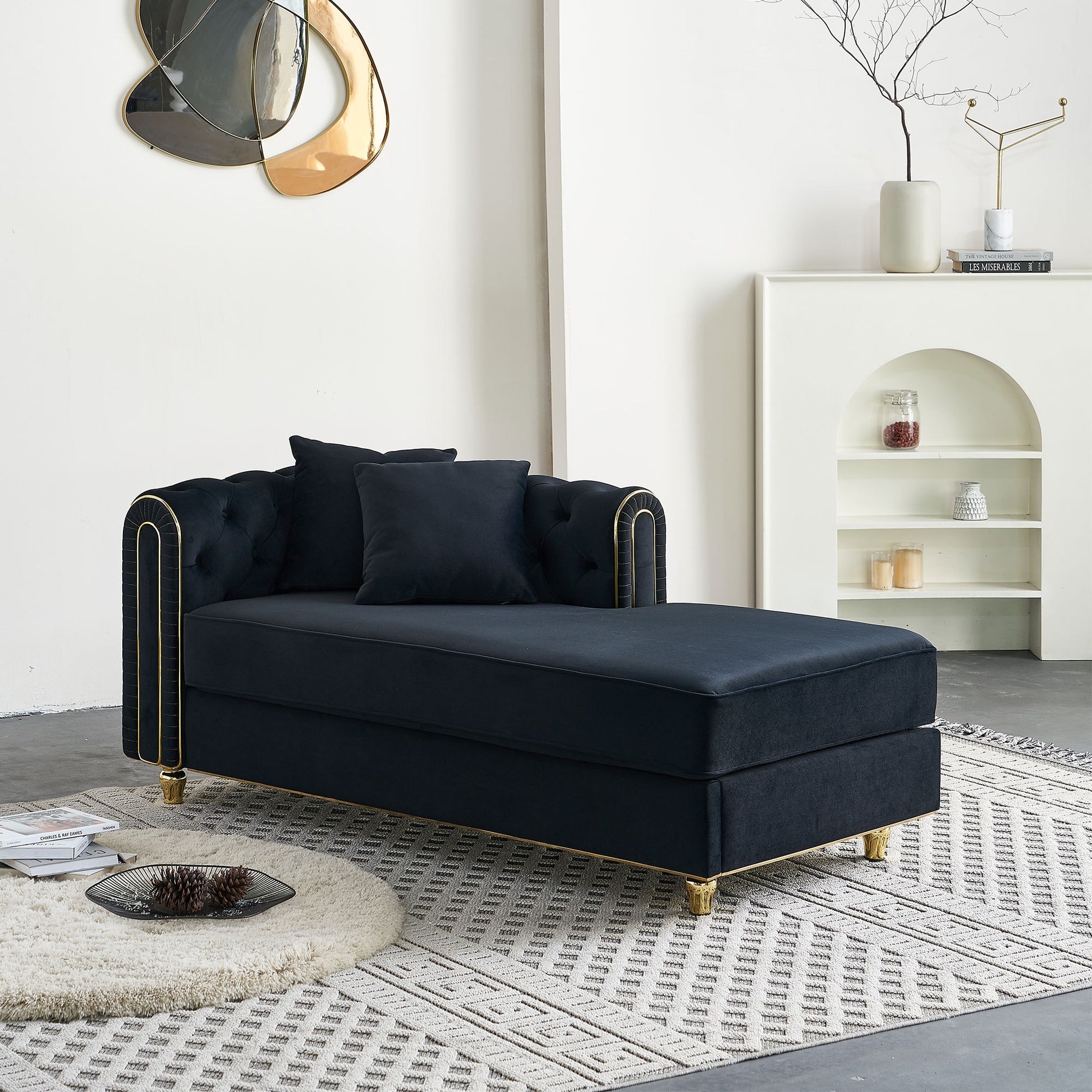 67" W Velvet Chaise Lounge - Black - detail view 4