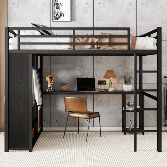Queen Size Loft Bed Frame with Built-in Wardrobe - Black - detail view 2