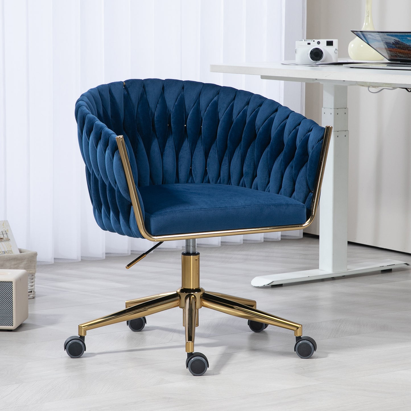 Stylish Blue Hand-Woven Backrest Office Chair with Wheels, Height Adjustable & 360° Swivel