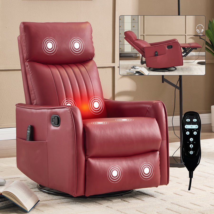 Red Faux Leather Heat Massage Manual Recliner Chair with Rocker and Swivel - primary color shot