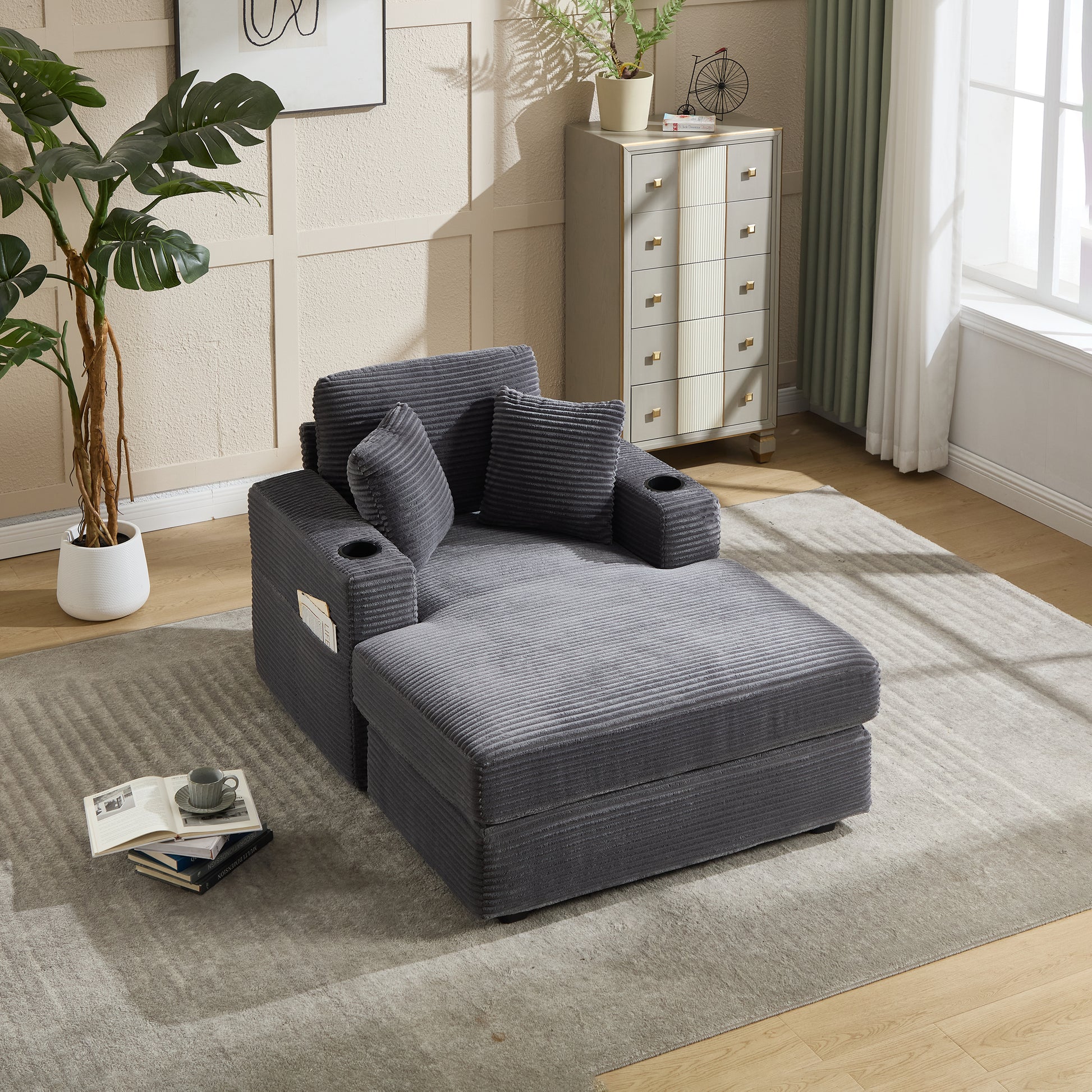 [new]corduroy Upholstered Chaise Lounge Sofa - Grey - detail view 5