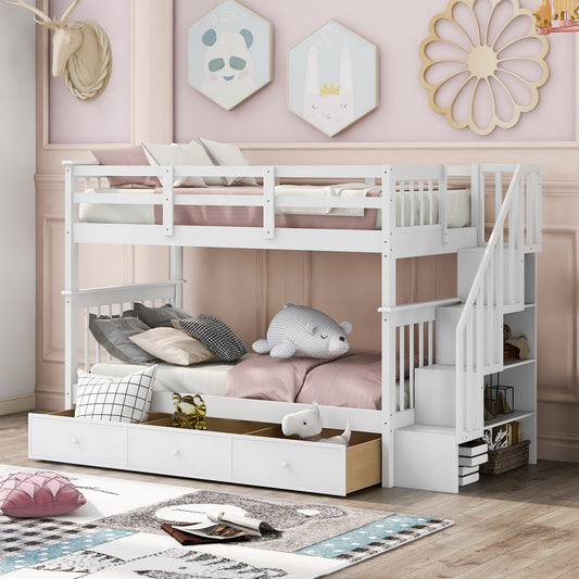 Stairway Twin-over-Twin Bunk Bed with Three Drawers - White - primary color shot
