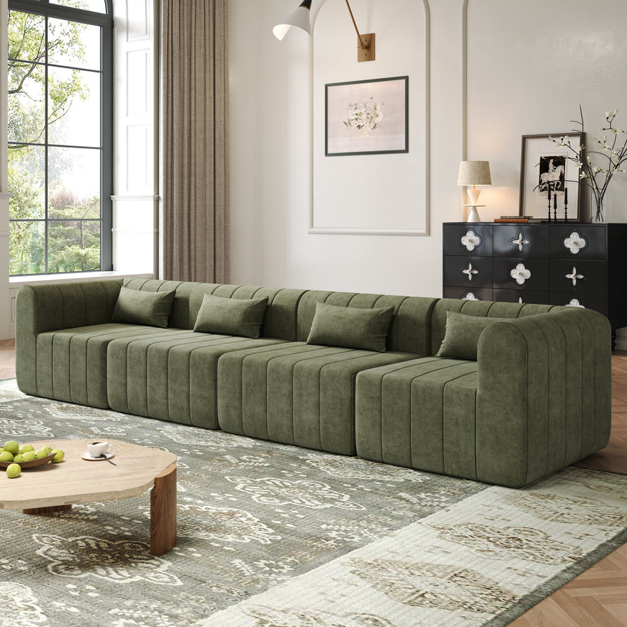 145.5 Inch Modular Full-Compressed Sectional Sofa, Green Polyester Upholstered Modular Sofa with 4 Pieces, Compressed Sponge Modular Couch for Living Room - primary color shot
