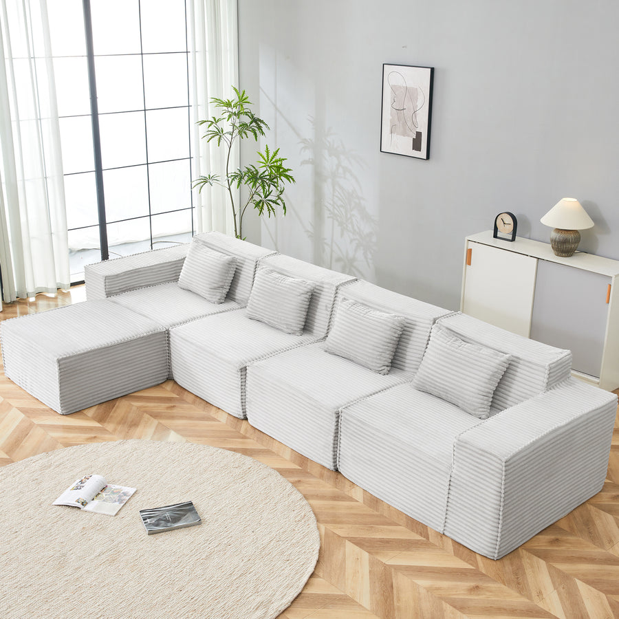 L-Shaped Modular Sectional Sofa, 4-Seater with Ottoman, Striped Corduroy Fabric, High-Density Foam For Home, Apartment, Office (Light Gray) - primary color shot