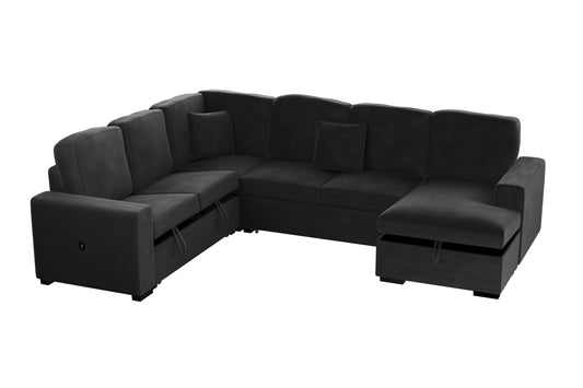 Modern Design 4pc Convertible Sectional Storage Compartment Matching Pillow Pull Out Bed USB Port Corduroy Upholstered Black Finish Primary Living Room - detail view 2
