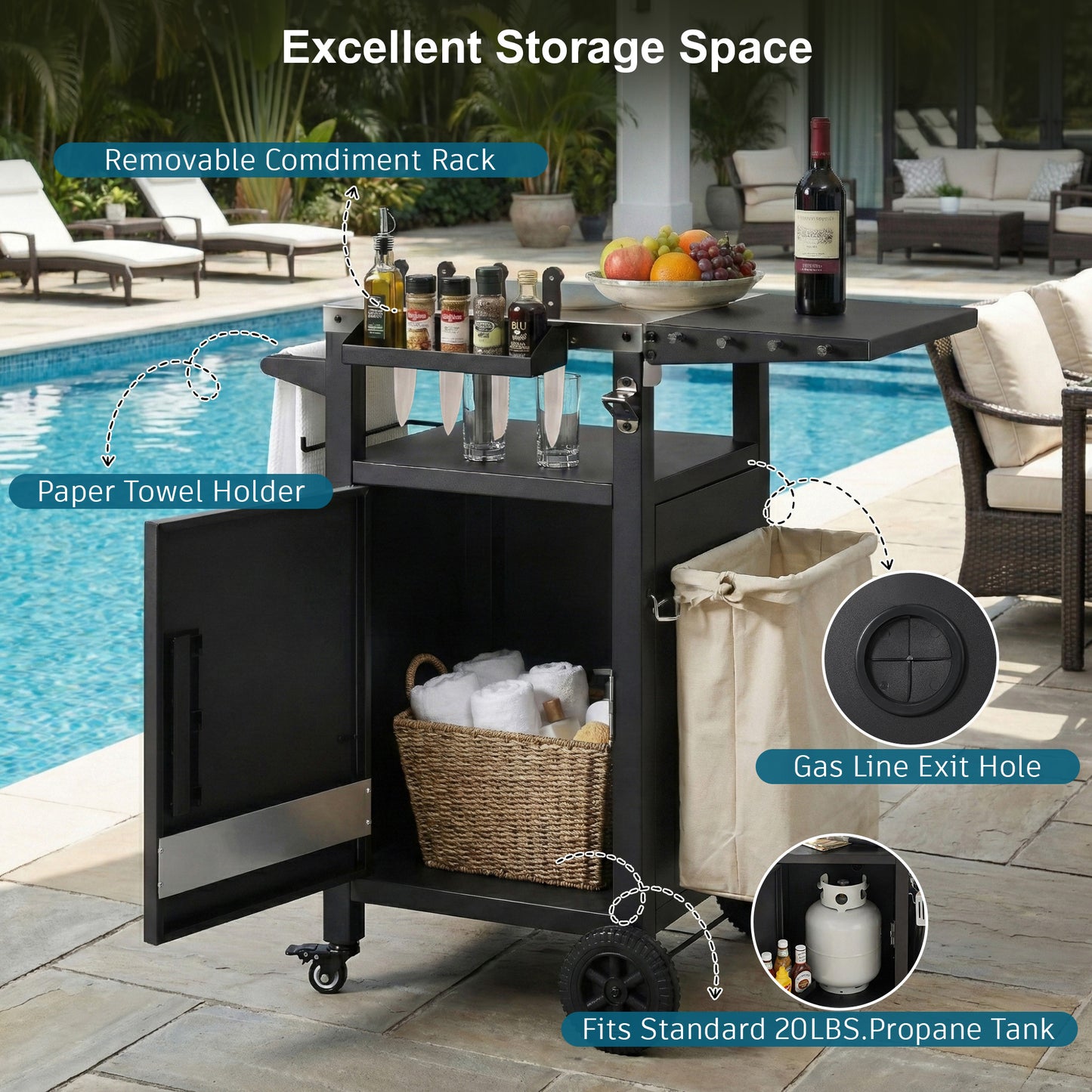 K&k 33.9' Outdoor Grill Cart with Drop Leaf - Black - detail view 4
