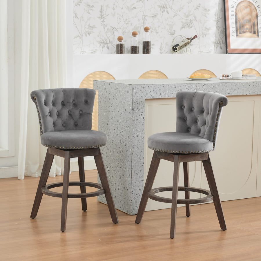 Gray Velvet Tufted Counter Height Stool with Wood Legs (Set of 2)