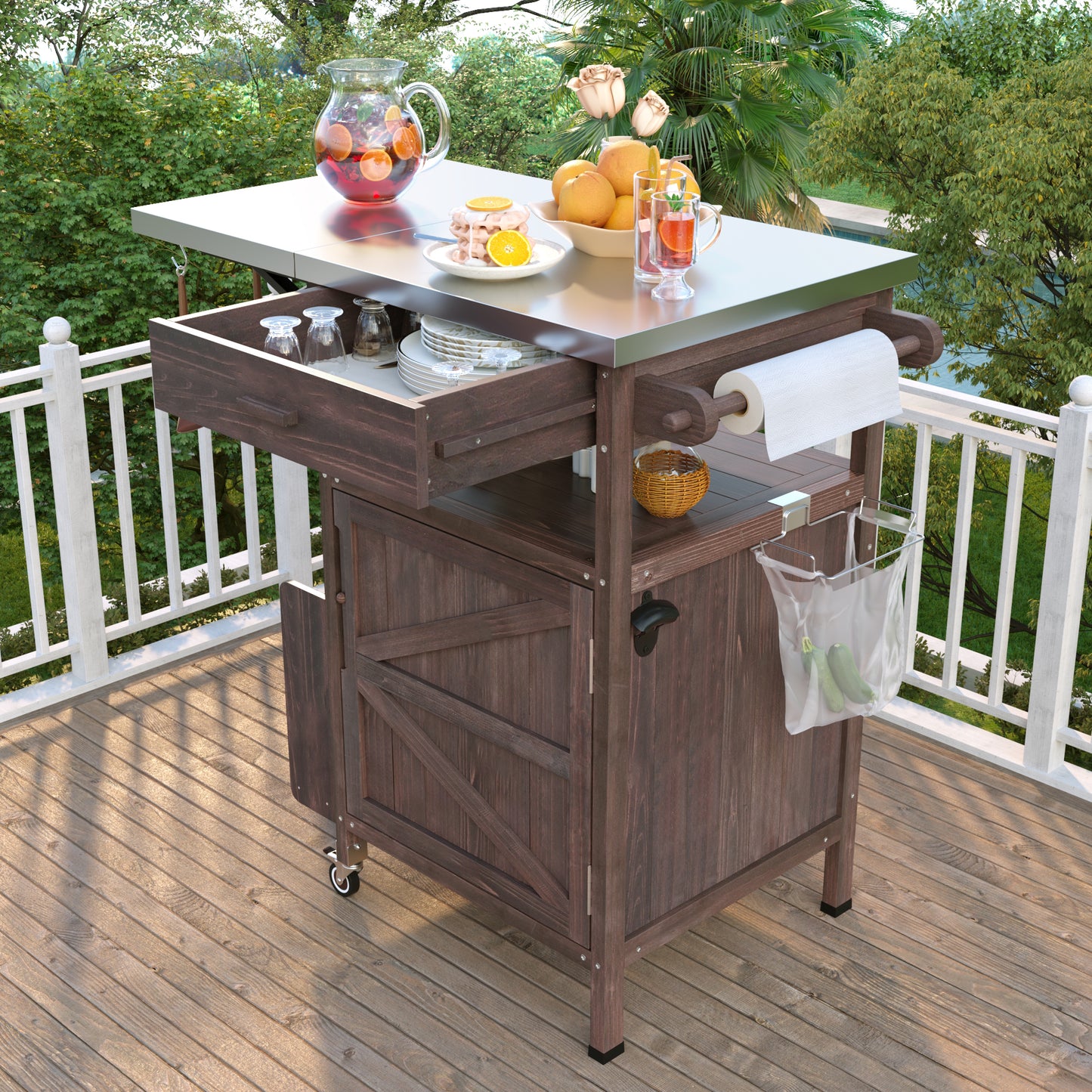K&k 40.5' Outdoor Grill Cart with Stainless Steel Top - Brown - detail view 2