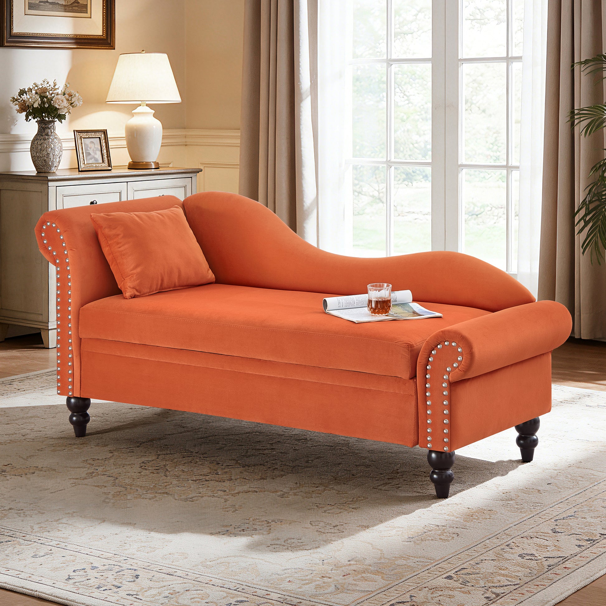 64" Modern Velvet Chaise Lounge - Orange - primary color shot