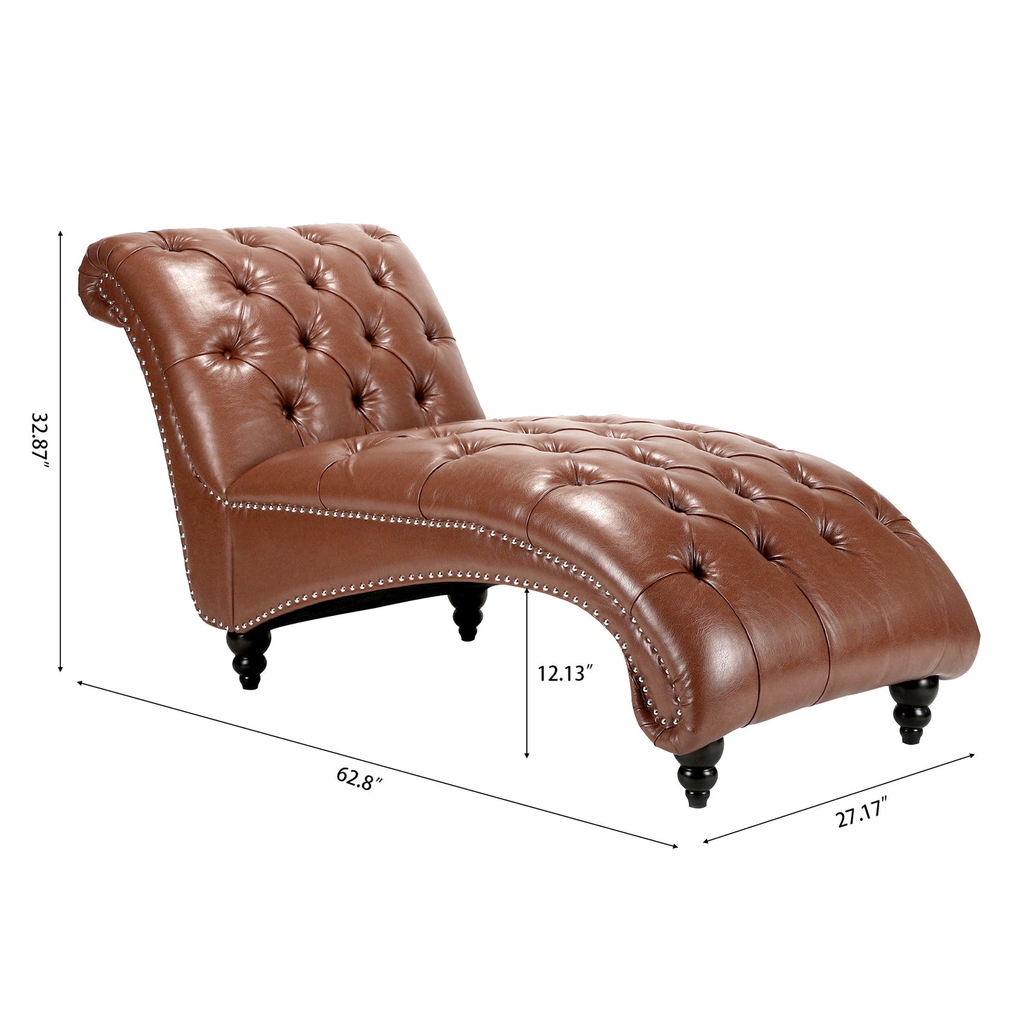 Brown PU Tufted Armless Chaise Lounge with Foam Seating & Birch Legs - detail view 3