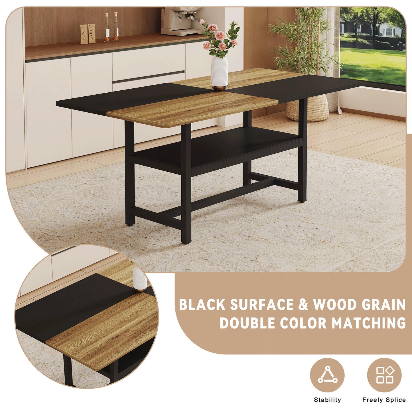 Multifunctional Dining Table: 71' L × 35.4' W × 30' H - Black - detail view 5