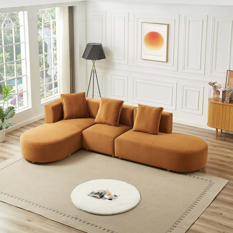 Orby Velvet Sectional Sofa Left Facing with Cloud Comfort in Cognac Velvet, 73.62 x 124.00 x 30.00 inches - detail view 2