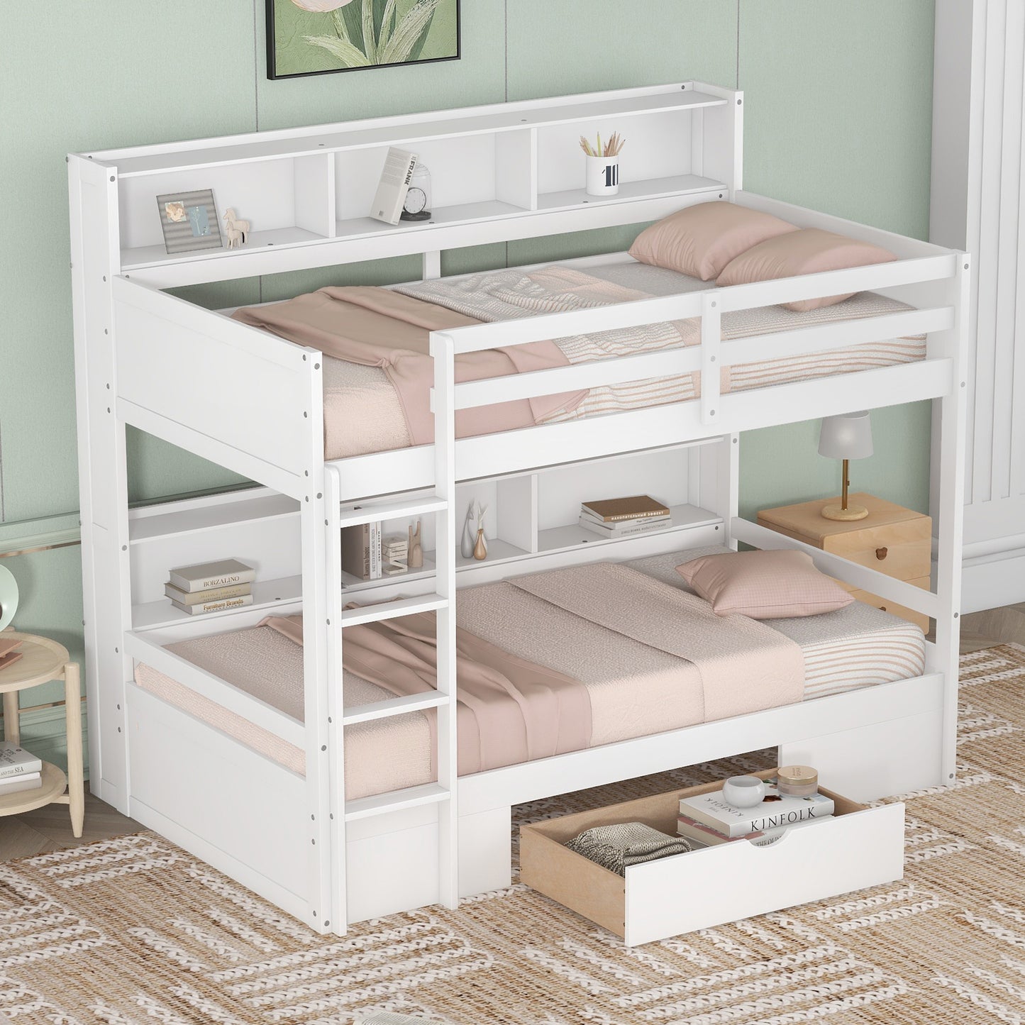 Harris Twin Size Bunk Bed with Built-in Shelves, White