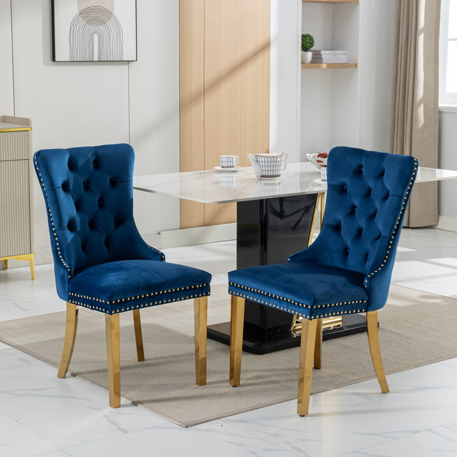 Blue Velvet Tufted Nailhead Trim Dining Chairs with Brushed Silver Legs (Set of 2)