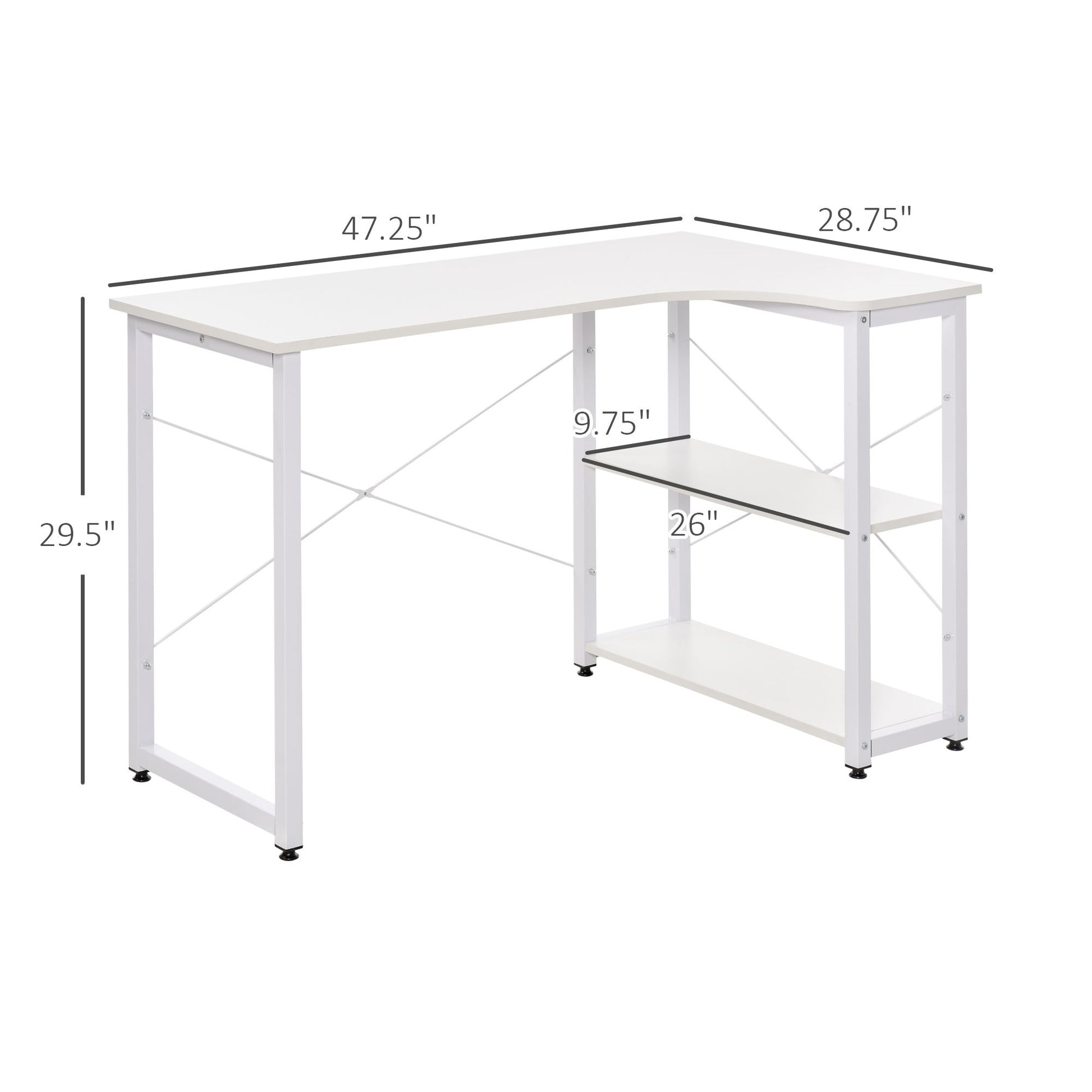 Salem Industrial L-Shaped Computer Desk with 2 Side Shelves and Steel Frame, Corner Desk,White