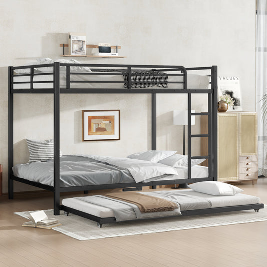 Full over Full Metal Bunk Bed with Twin Size Trundle - Black - primary color shot