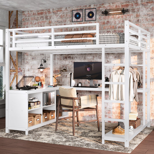 Metal Loft Bed with Wardrobe and L-Shaped Desk - White - primary color shot