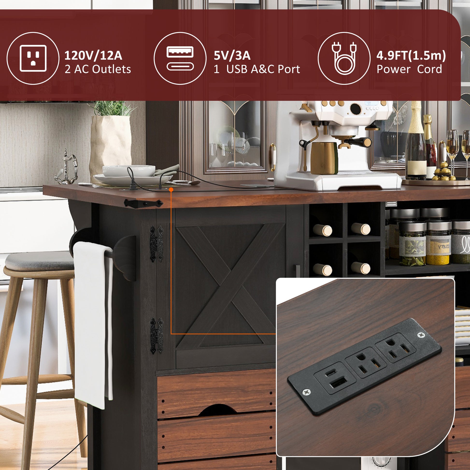 K&k 54' Farmhouse Kitchen Island with Drop Leaf - Black - detail view 7