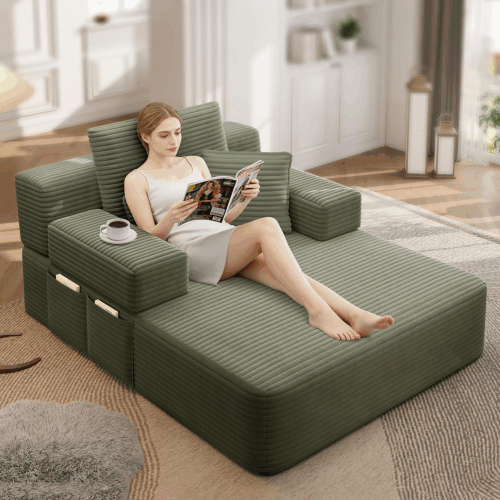 Luxurious Plush Corduroy Chaise Lounge with 3 Pillows - Green - detail view 3