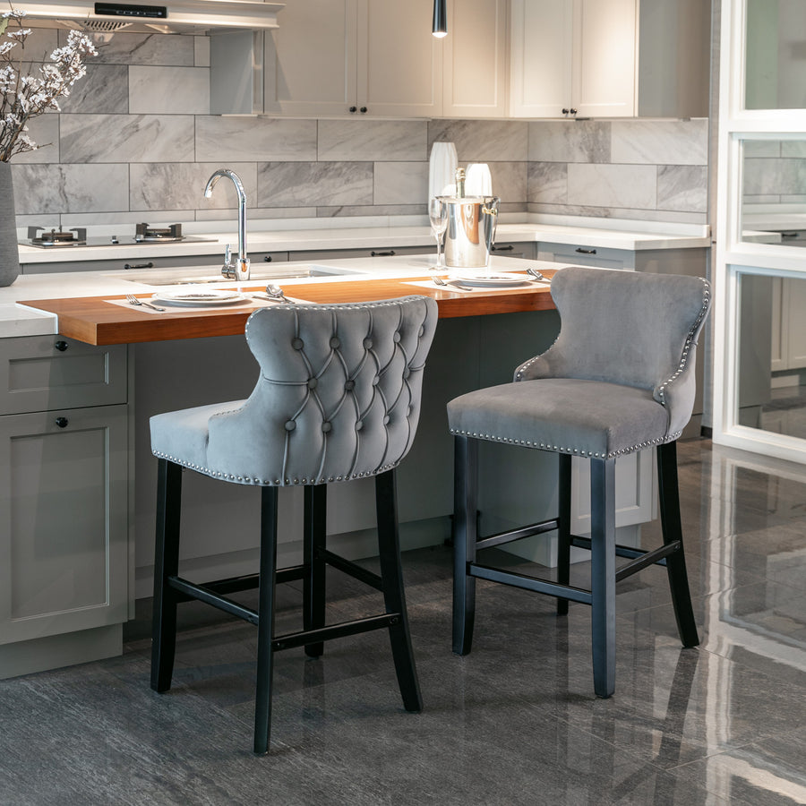 Gray Velvet Tufted Nailhead Trim Bar Stool with Silver Legs (Set of 2)