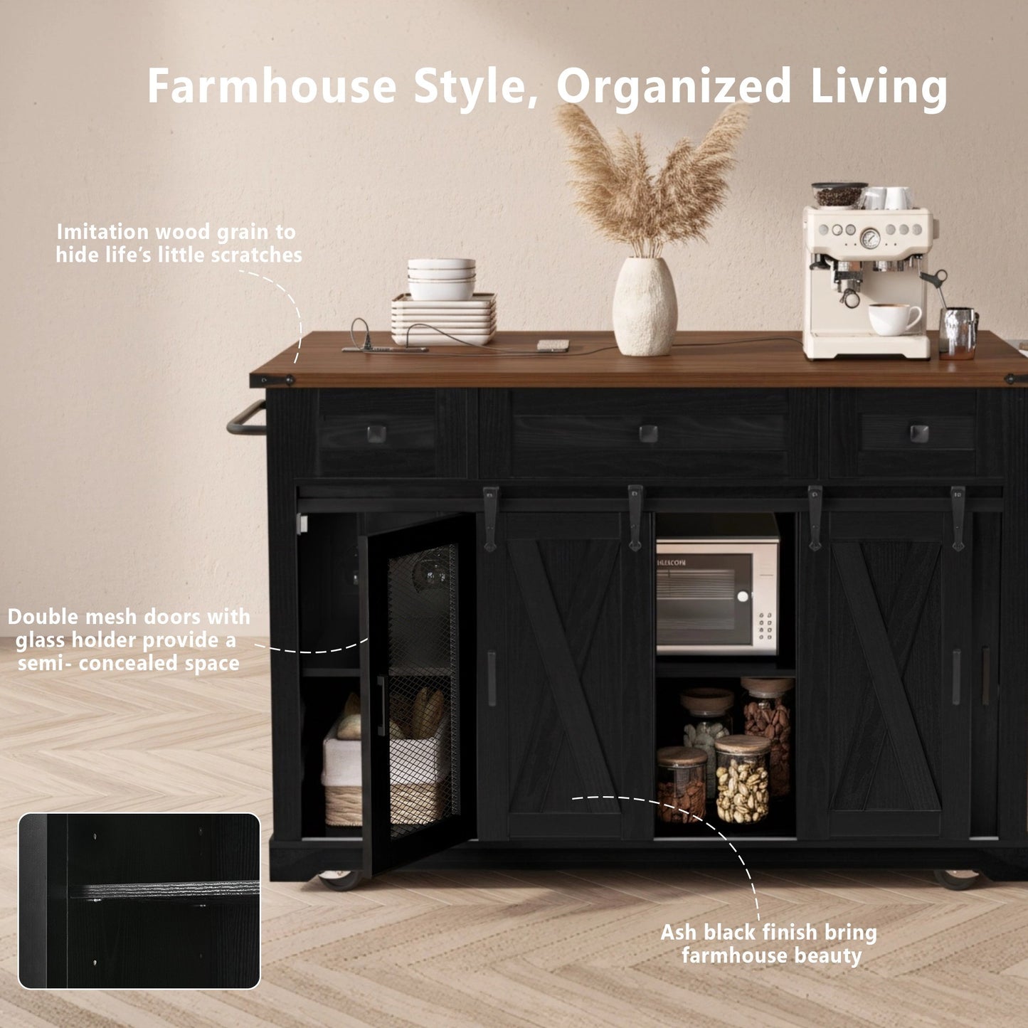 K&k 58' Farmhouse Kitchen Island with Storage - Black - detail view 4