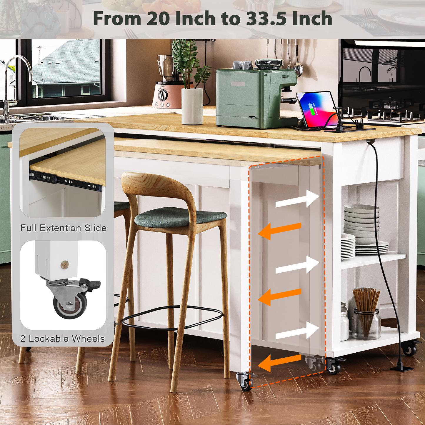 K&k 47" Kitchen Island with Extendable Dining Table - White - detail view 5