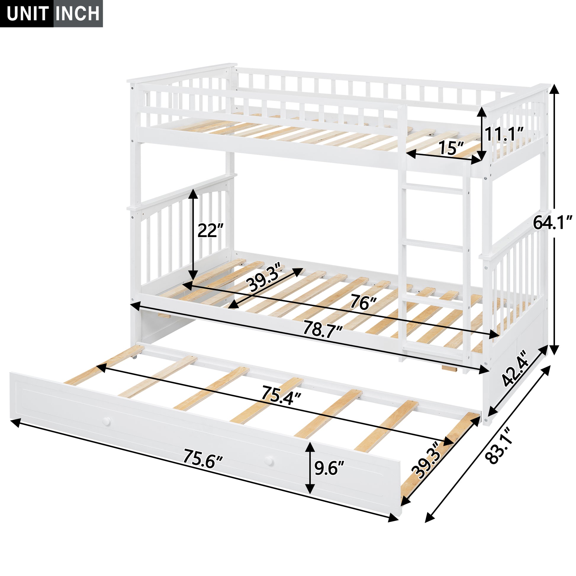 Carter Twin over Twin Bunk Bed with Twin Size Trundle, Convertible Beds, White