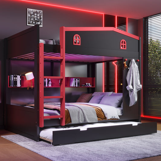 Queen over Queen Bunk Bed with Trundle and Storage Shelves - Black,red - primary color shot