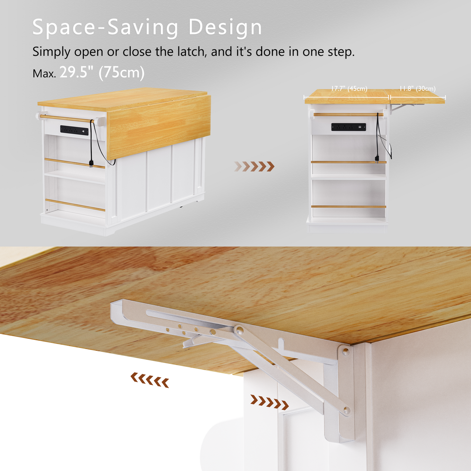 K&k 53" Large Kitchen Island with 2 Bar Stools - White - detail view 8