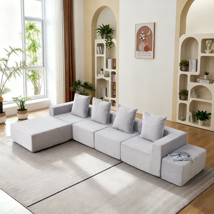 4-Seat Modular Sofa Sectional with Oversized Chaise & Ottomans - Cloud Couch in Soft Corduroy Fabric for Small Spaces, Living Room, Apartment - primary color shot