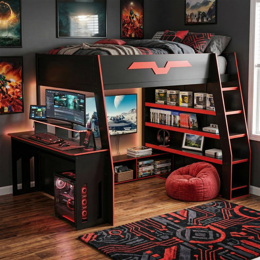 Full Size Wood Loft Bed with Desk - Red - primary color shot