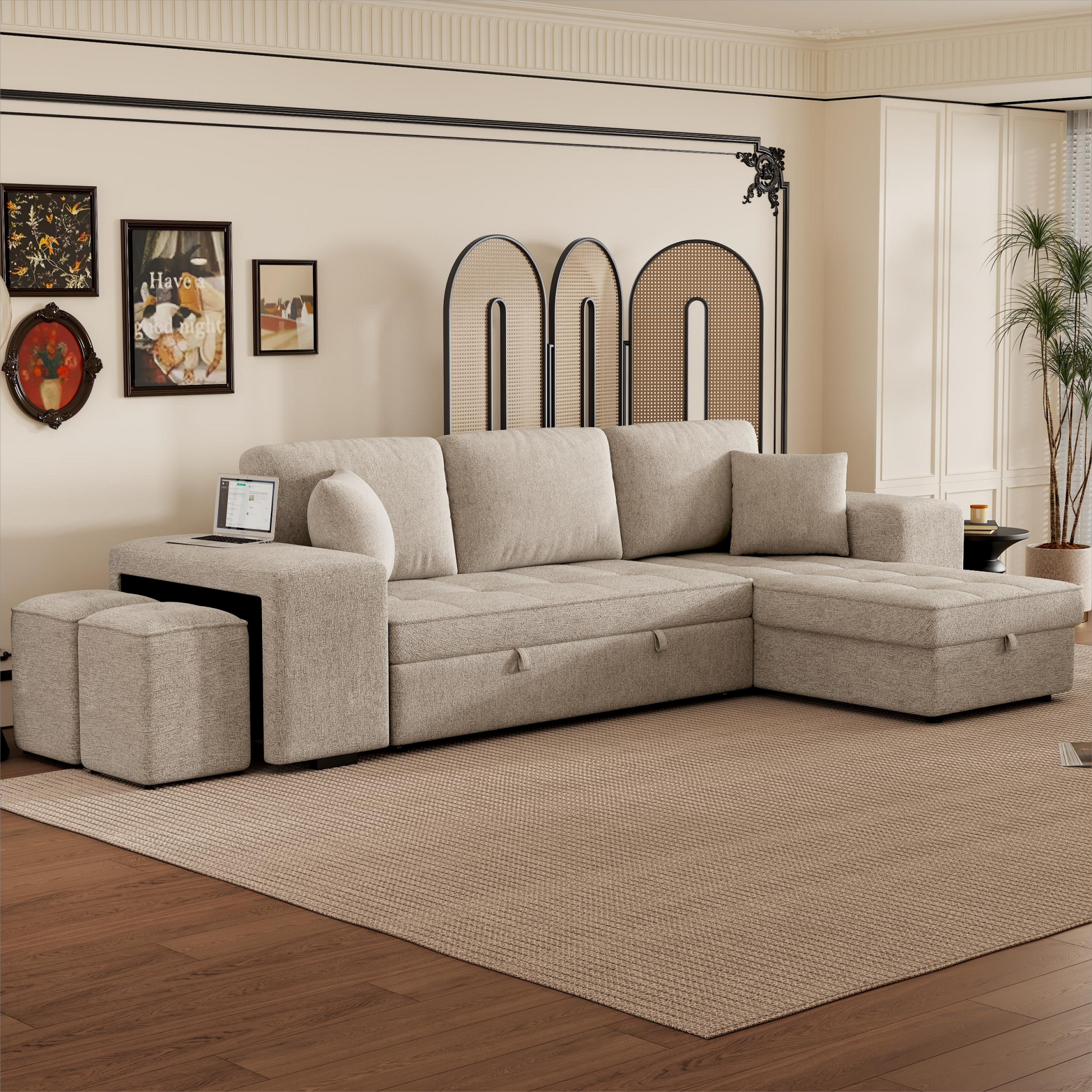 Modern L-Shape 3 Seat Reversible Sectional with Pull Out Sleeper - Cream - detail view 2