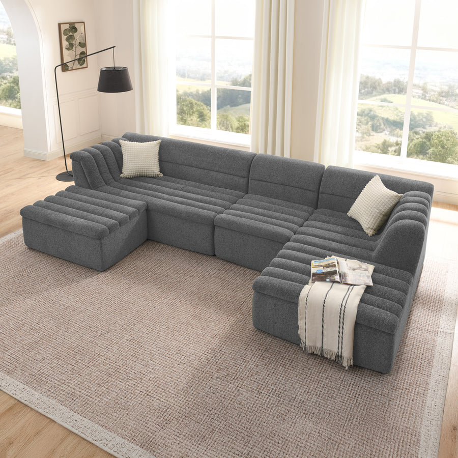 135' U-Shaped Modular Sectional Sofa with Chaise and Movable Ottoman in Dark Grey Chenille Upholstered Boneless Couch with Wave-Shaped Armrest, No Pillows - detail view 2