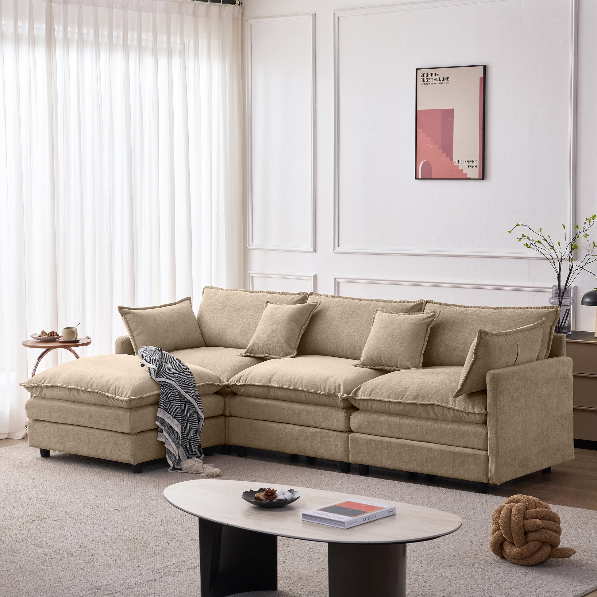 105' Modular Sectional Couch,Upholstered Soft Chenille Fabric Sofa,3 Seater with Ottoman L Shape Sofa Coffee - detail view 2