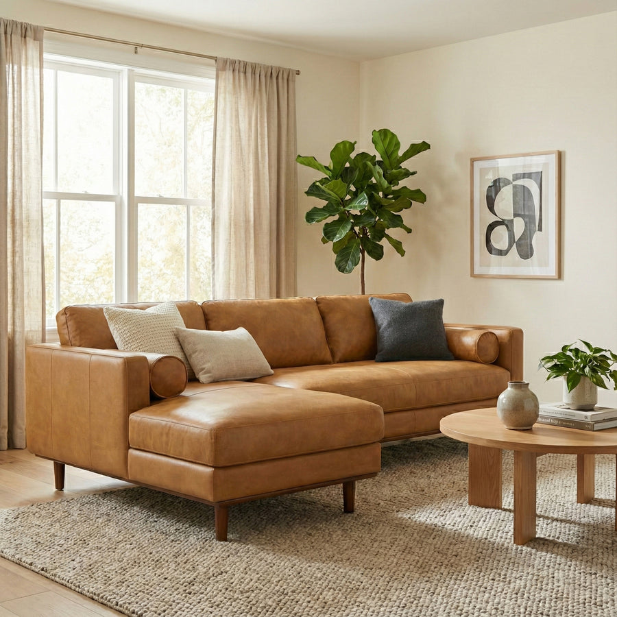 Morrison Left Sectional Sofa in Brown Sienna Kind Leather, Mid-Century Modern Style, 102-Inch Wide, Solid Wood Frame with High-Density Foam Cushions - detail view 7