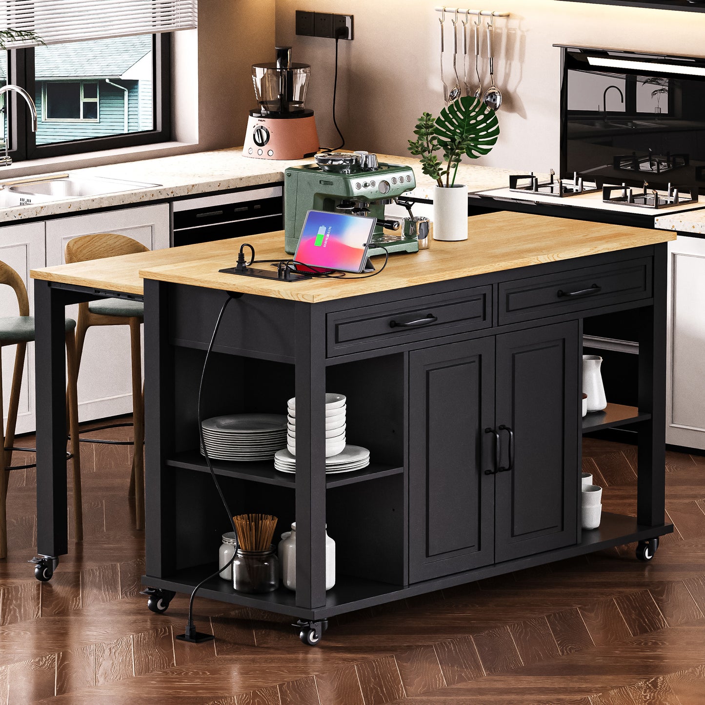 K&k 47" Kitchen Island with Extendable Dining Table - Black - detail view 3