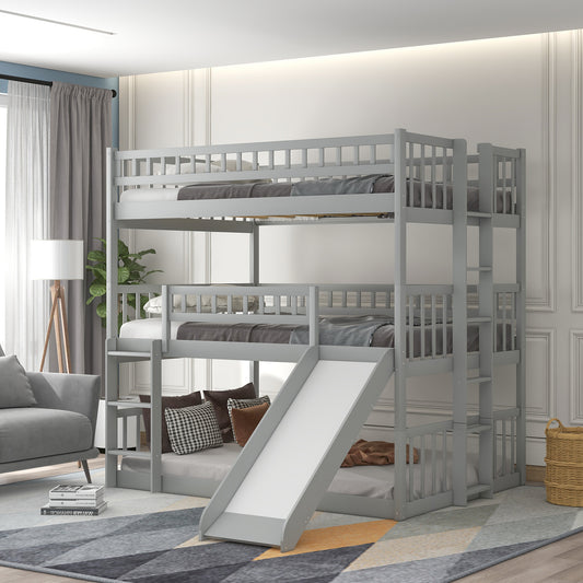 Full-Over-Full-Over-Full Triple Bed with Built-in Ladder and Slide - Gray - primary color shot