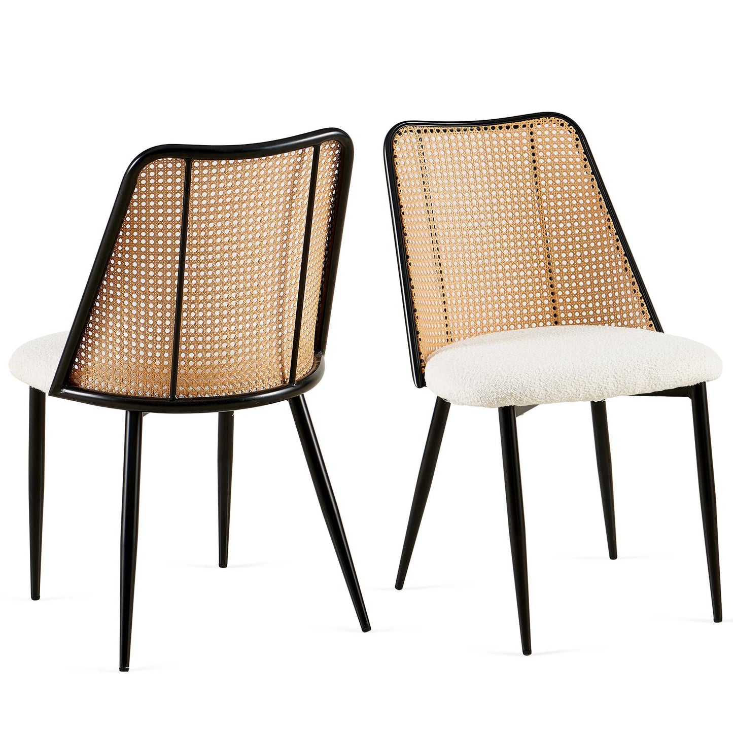 Isola Modern Rattan Back Bouclé Dining Chair – Black Frame (Set of 4)