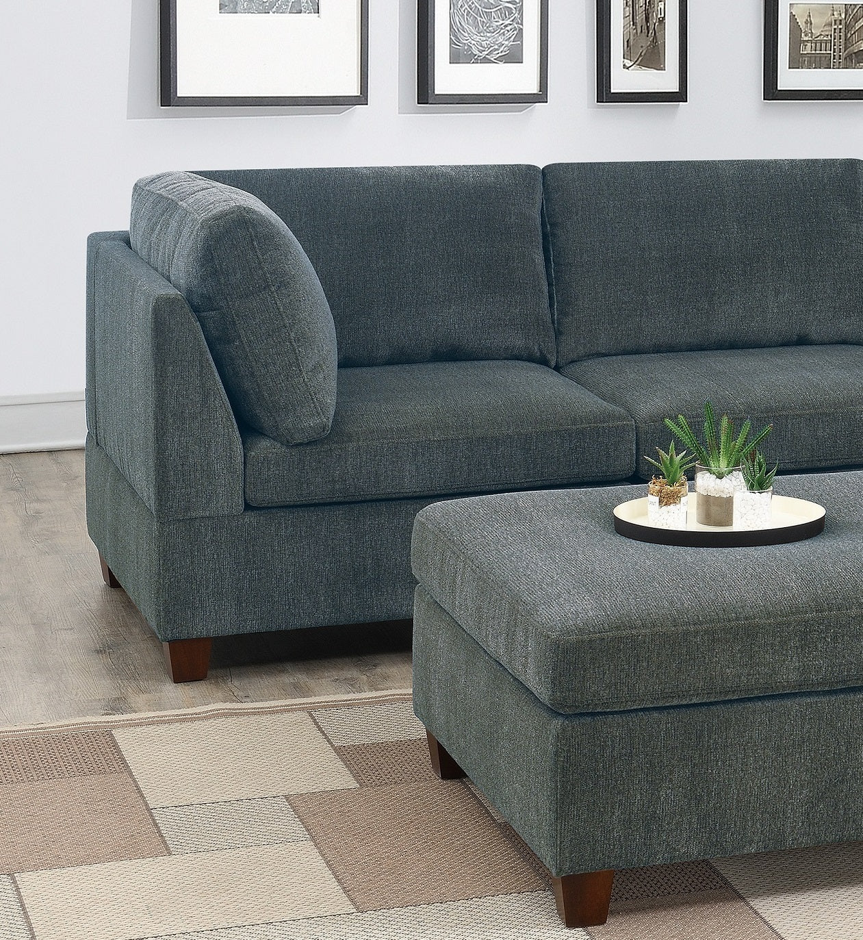 Living Room Furniture Grey Chenille Modular Sectional 6pc Set Corner L-Sectional Modern Couch 2x Corner Wedge 2x Armless Chairs and 2x Ottomans - detail view 5