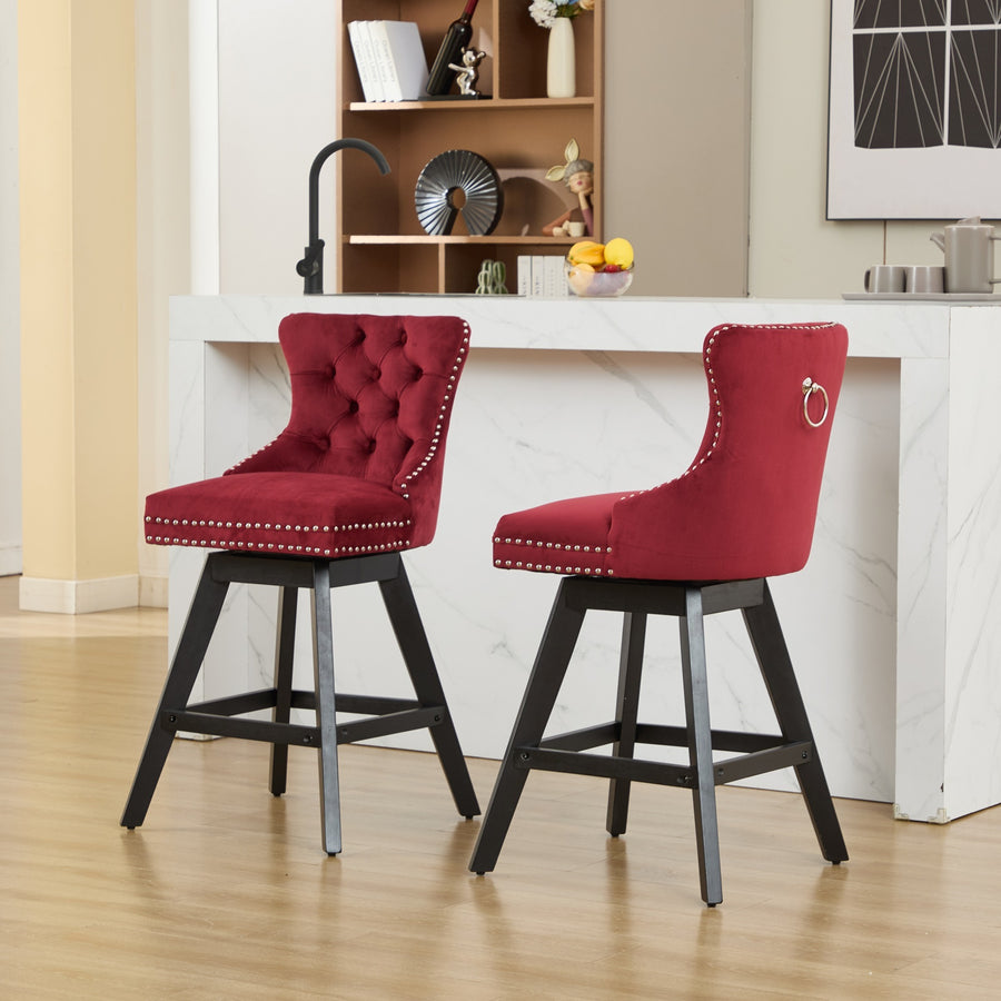 WINE RED Fabric Tufted Nailhead Trim Bar Stool with Silver Legs (Set of 2)