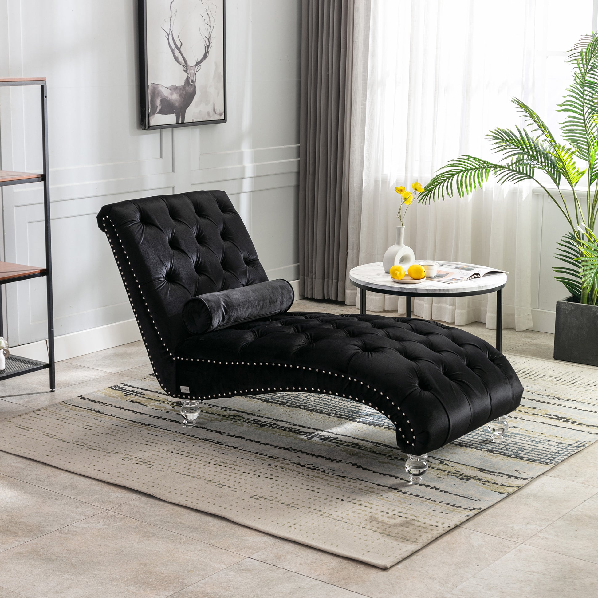 Black Velvet Tufted Chaise Lounge with Black Legs - detail view 7