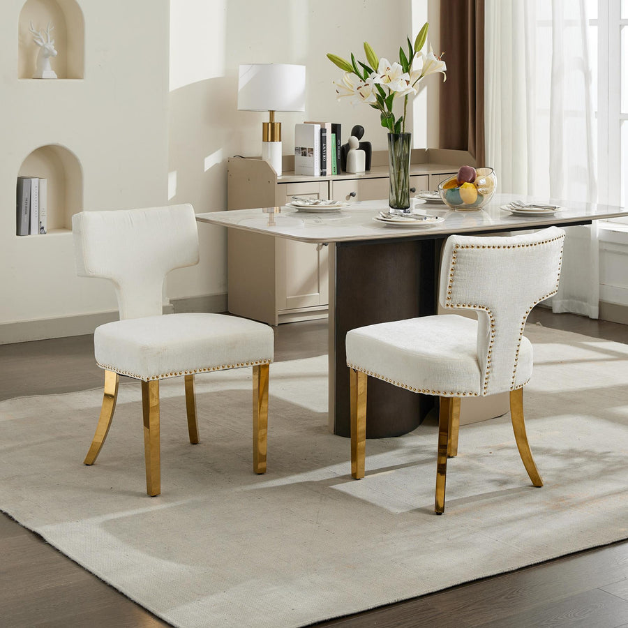 Beige Chenille Dining Chairs with Brushed Silver Legs (Set of 2)