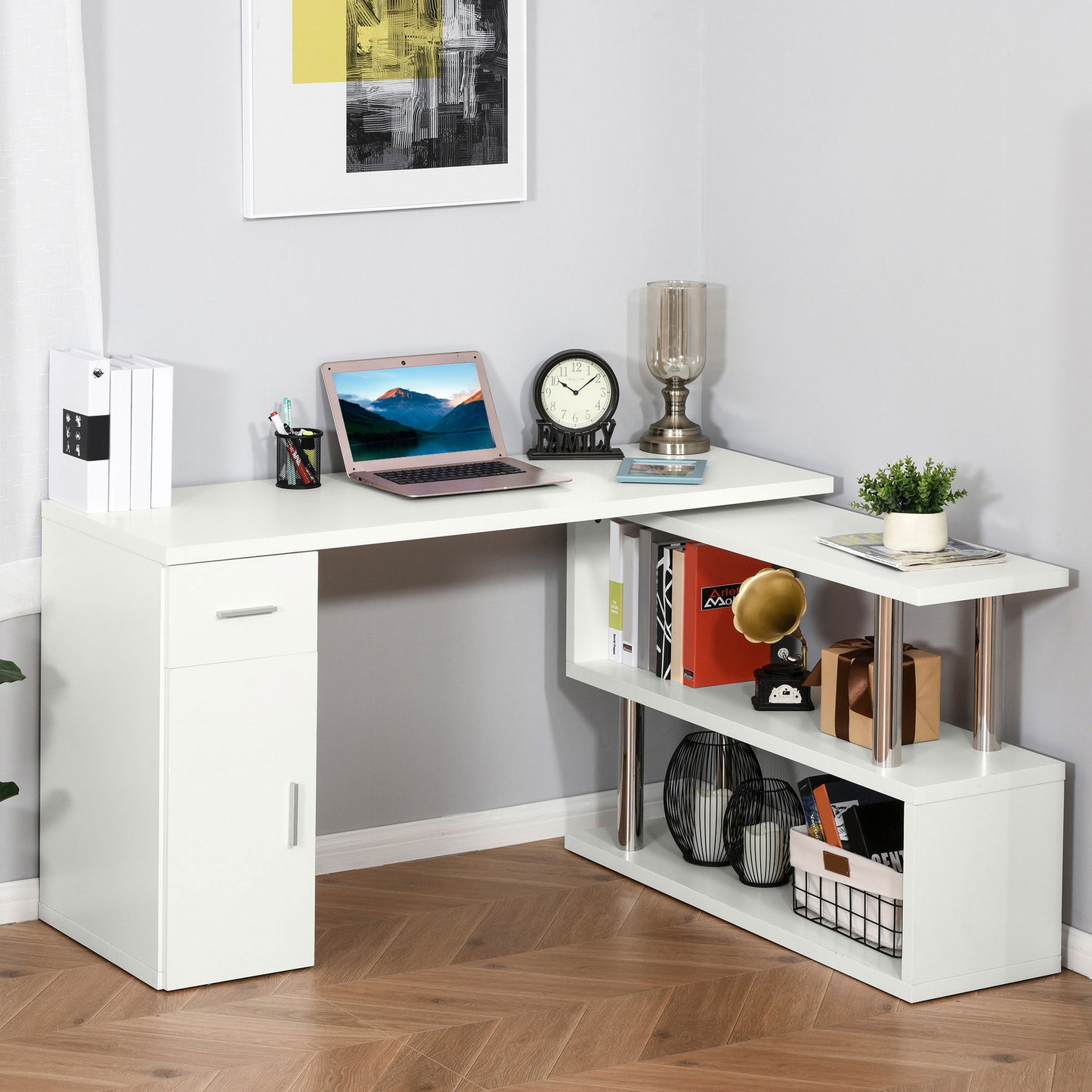 Ellery Rotating Computer Desk, 55" L-Shaped Desk, Corner Desk with Storage Shelves, White