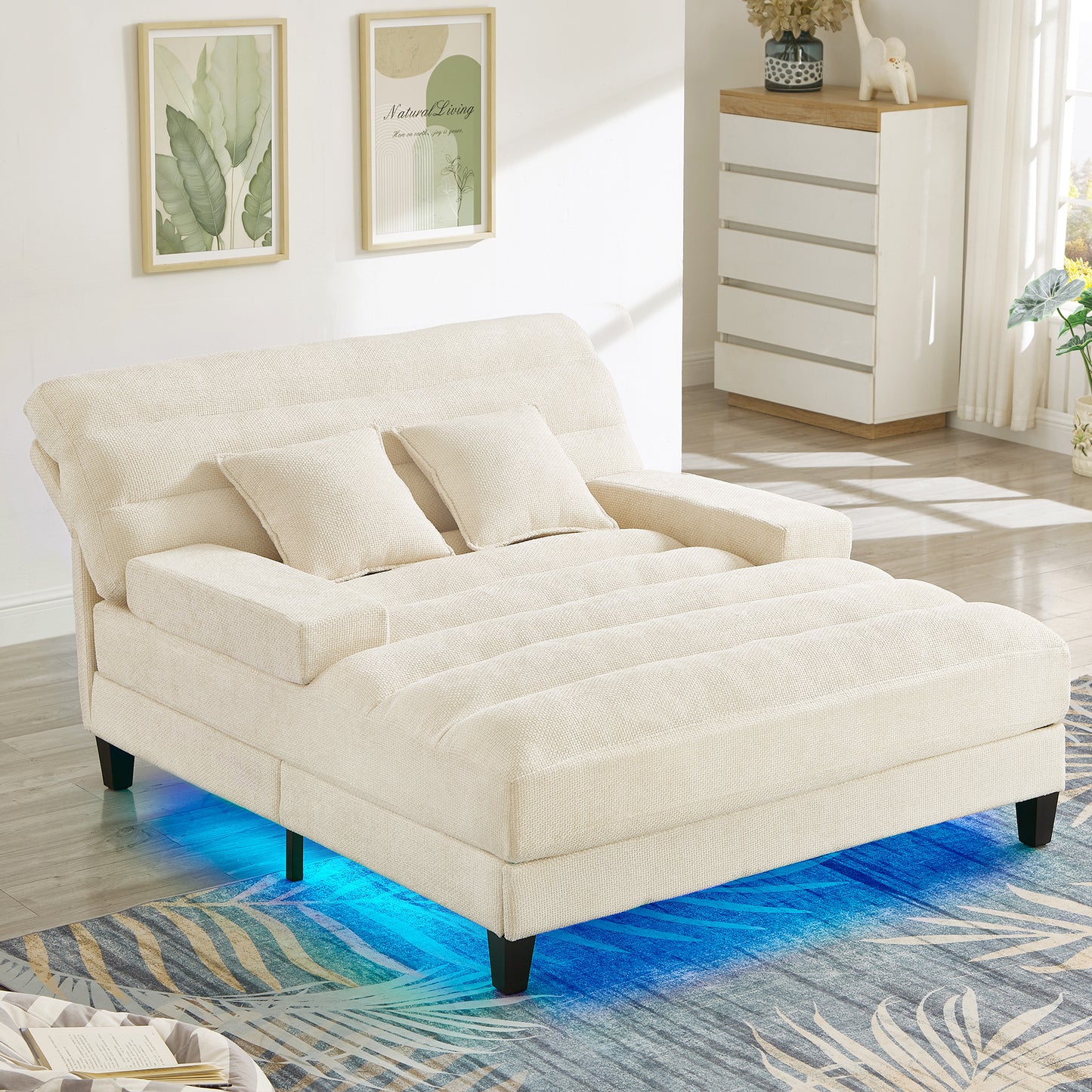 Modern Chaise Lounge Sofa 57.1' Sofa Bed Chenille Upholstered Lounge Sofa Chair with Adjustable Backrest & LED Light Strip - Beige - detail view 6