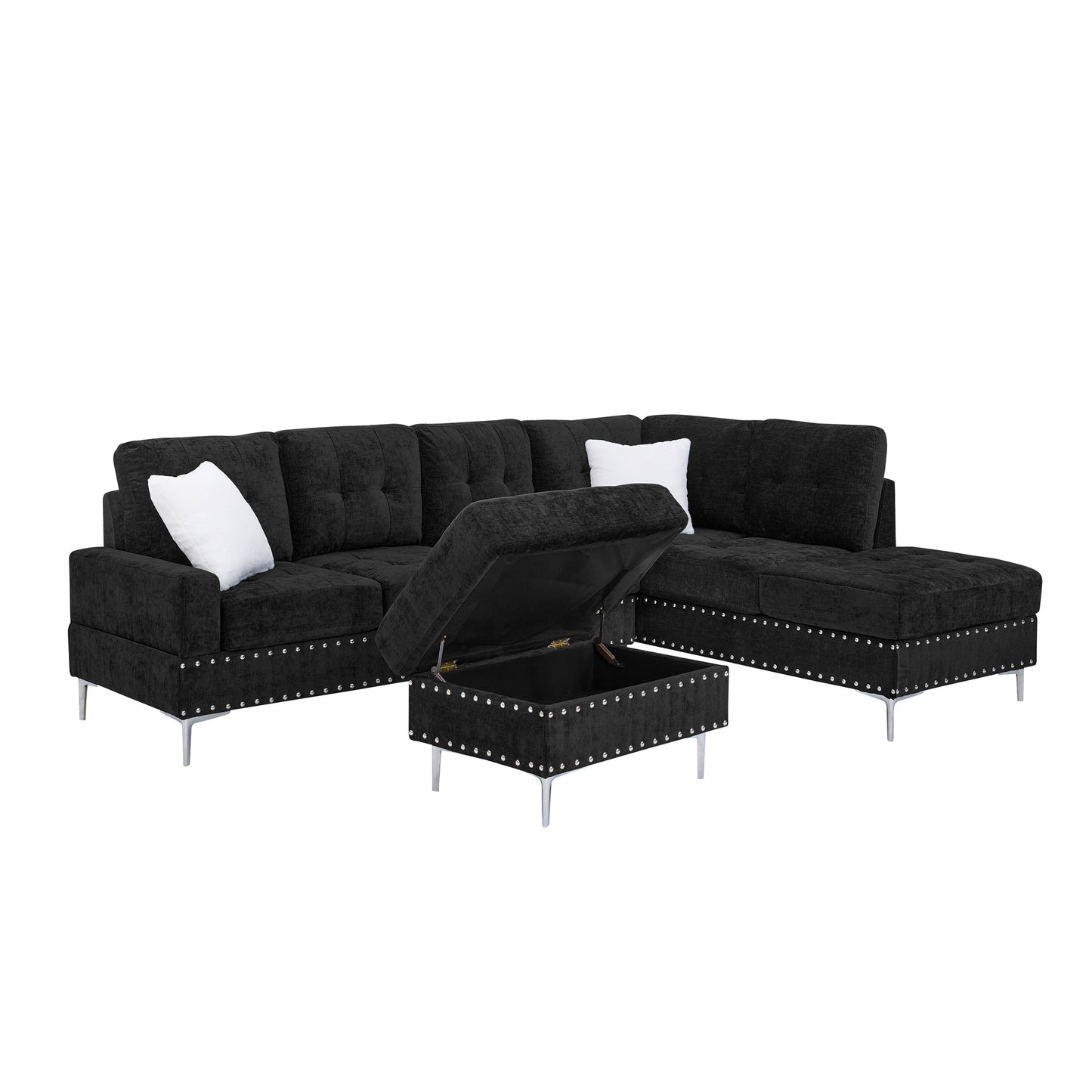 Modern L-Shaped Sectional Sofa with Chaise and Storage Ottoman in Black Chenille, Metal Legs and Copper Nails, Includes Two White Pillows, 102' - primary color shot