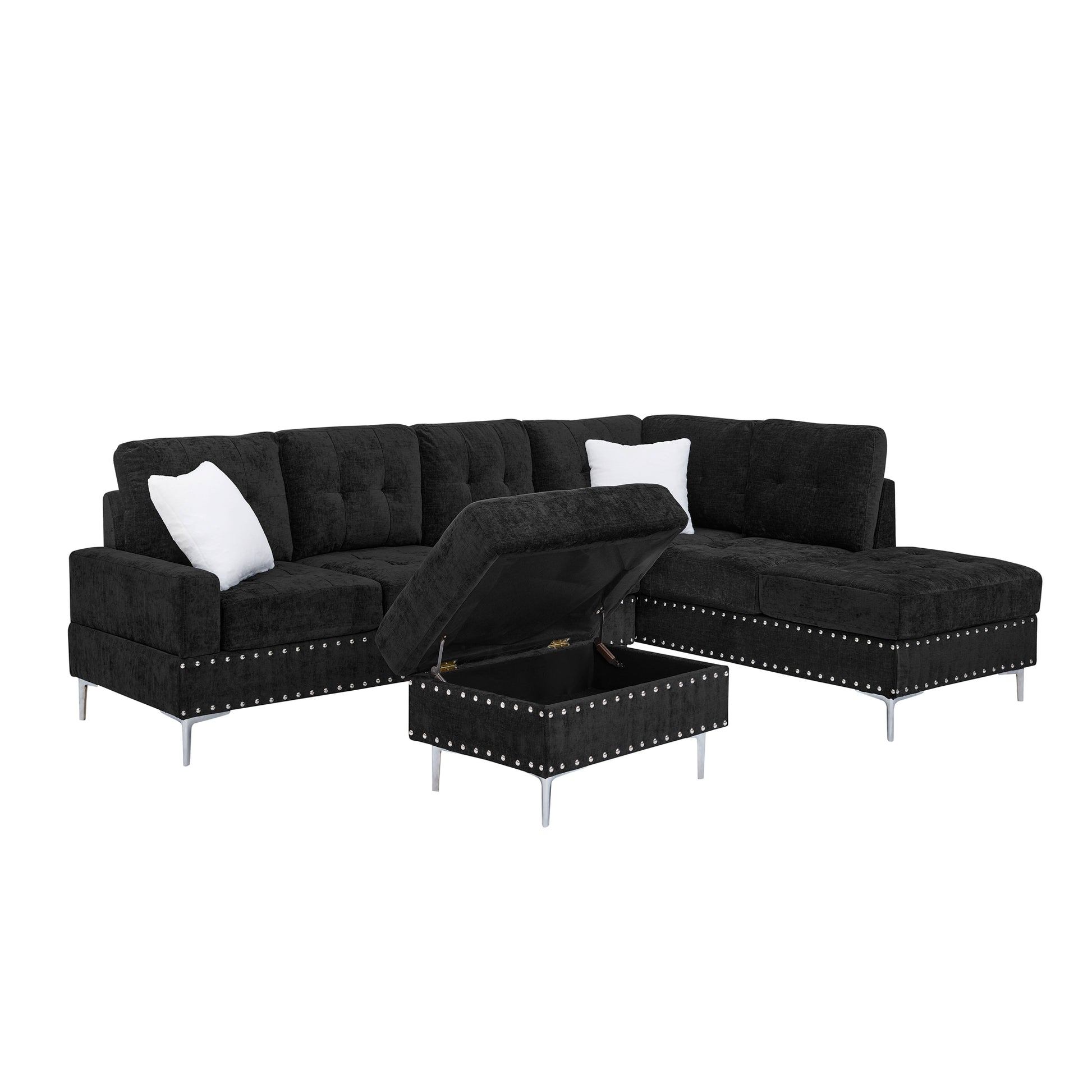 Modern L-Shaped Sectional Sofa with Chaise and Storage Ottoman in Black Chenille, Metal Legs and Copper Nails, Includes Two White Pillows, 102' - primary color shot