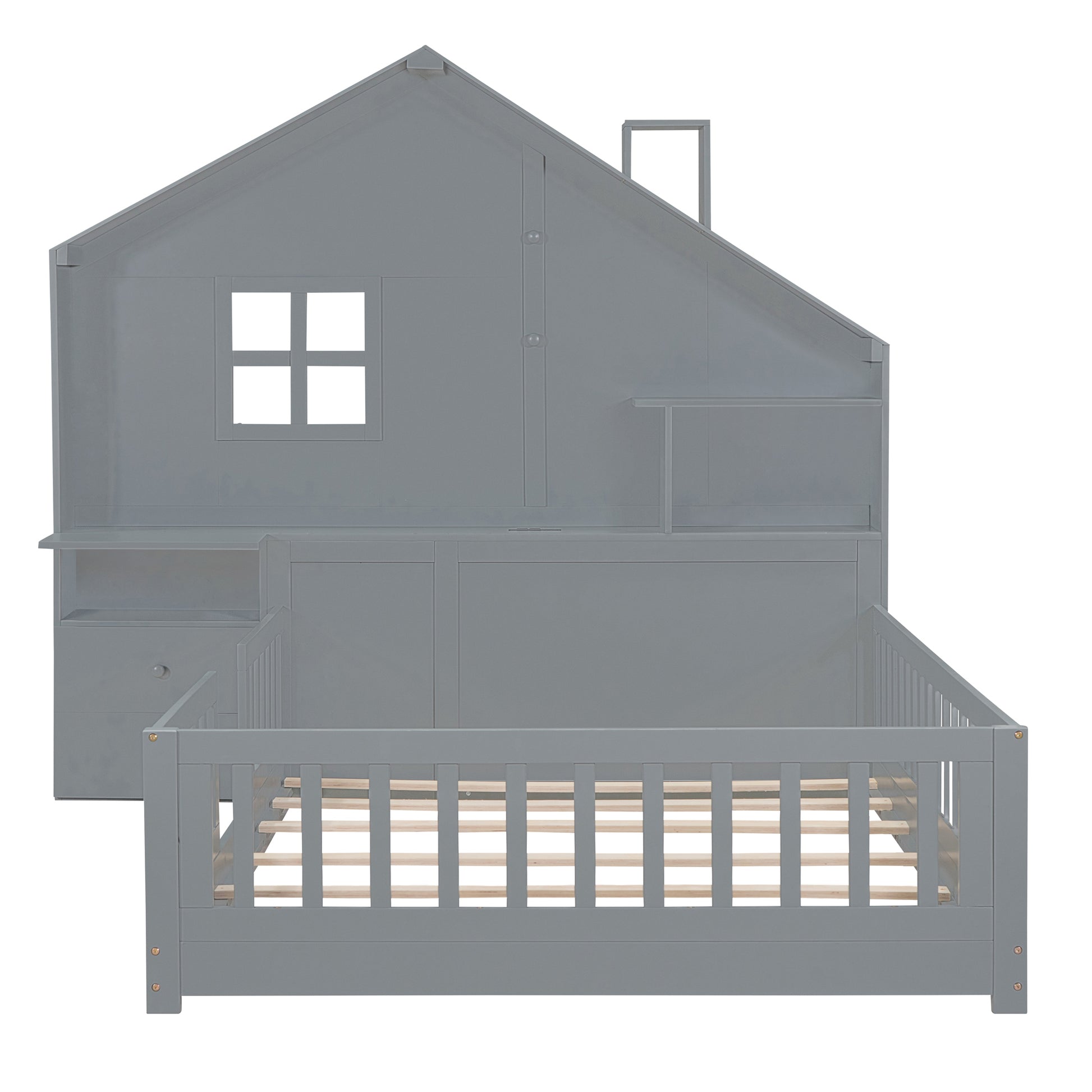 Marigold Full Size House Bed with Window & Bedside Drawers, Gray