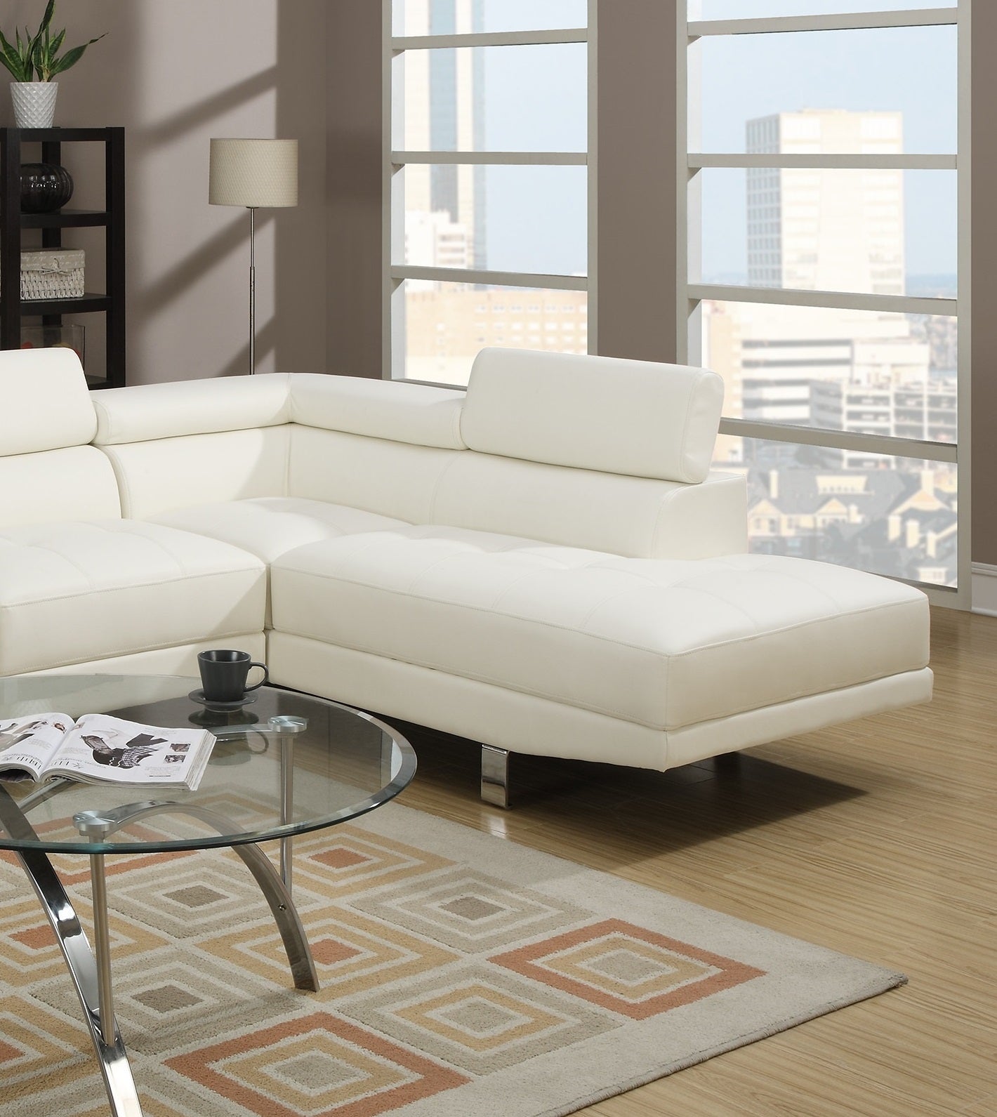 White Color Sectional Living Room Furniture Faux Leather Adjustable Headrest Right Facing Chaise & Left Facing Sofa - detail view 2