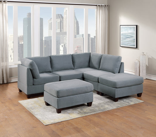 Modular Sectional 6pc Set Living Room Furniture L-Sectional Grey Linen Like Fabric 2x Corner Wedge 2x Armless Chairs and 2x Ottomans - primary image